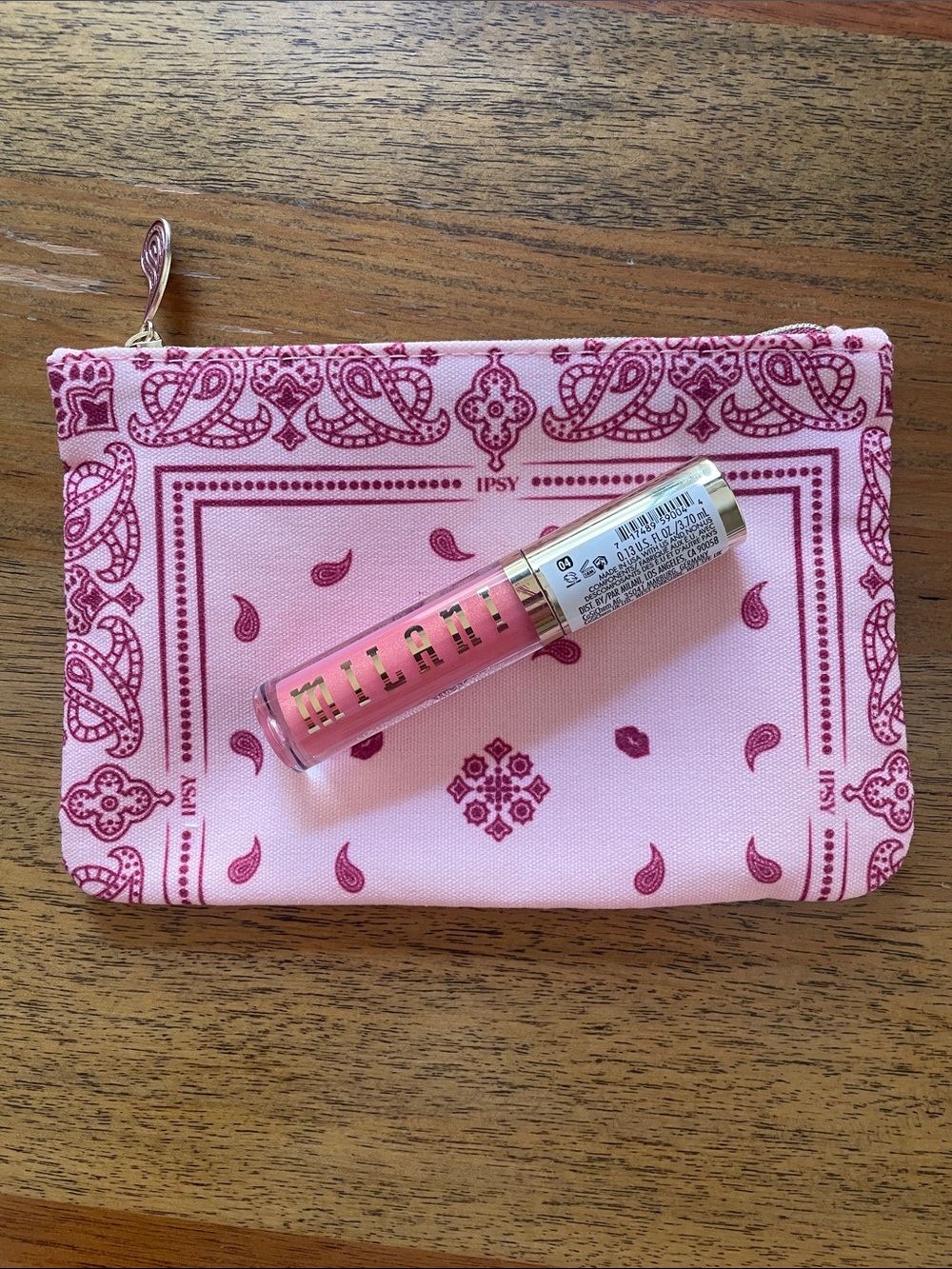 ipsy Pink Bandana-Print Cosmetic Pouch With Milani Lip Gloss